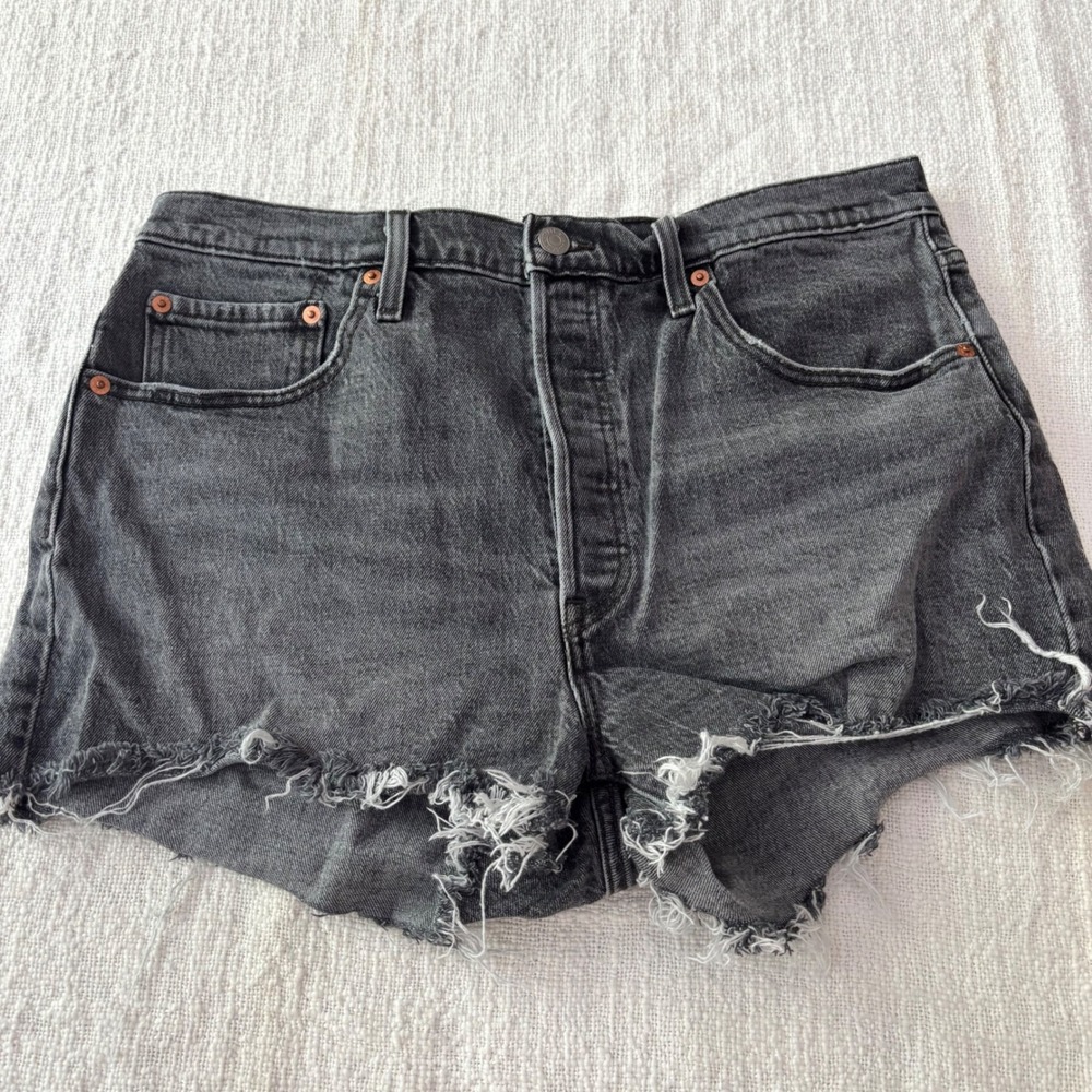 Levis 501 Original High Waisted Cut Off Denim Shorts Washed Black Gray